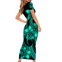 Polynesian Pride Plumeria Flowers Short Sleeve Body Long Dress Polynesian Tribal Aqua Vibe LT9 - Polynesian Pride