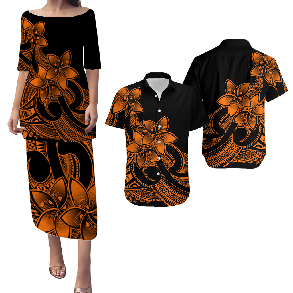 Polynesian Couple Outfits Plumeria Flowers Puletasi Dress and Hawaiian Shirt Polynesian Tribal Gold Vibe LT9 Gold - Polynesian Pride