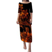 Polynesian Couple Outfits Plumeria Flowers Puletasi Dress and Hawaiian Shirt Polynesian Tribal Gold Vibe LT9 - Polynesian Pride