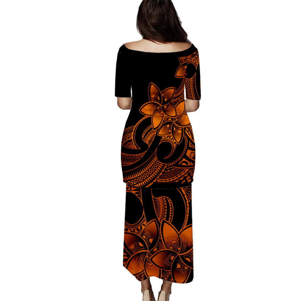 Polynesian Couple Outfits Plumeria Flowers Puletasi Dress and Hawaiian Shirt Polynesian Tribal Gold Vibe LT9 - Polynesian Pride