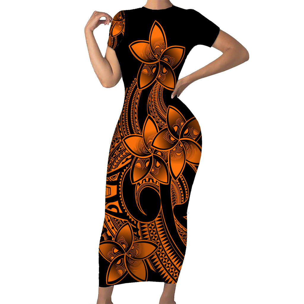 Polynesian Pride Plumeria Flowers Short Sleeve Body Long Dress Polynesian Tribal Gold Vibe LT9 Long Dress Gold - Polynesian Pride