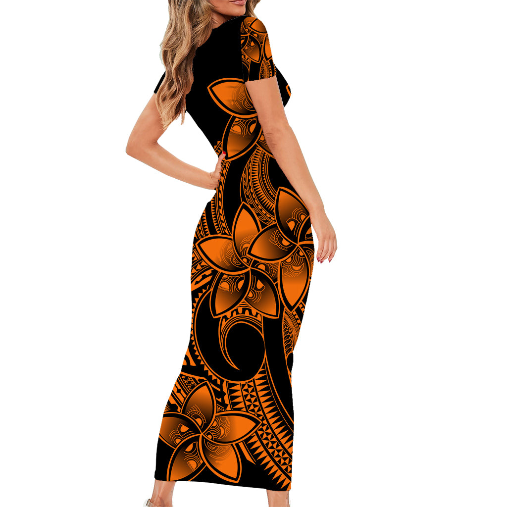 Polynesian Pride Plumeria Flowers Short Sleeve Body Long Dress Polynesian Tribal Gold Vibe LT9 - Polynesian Pride