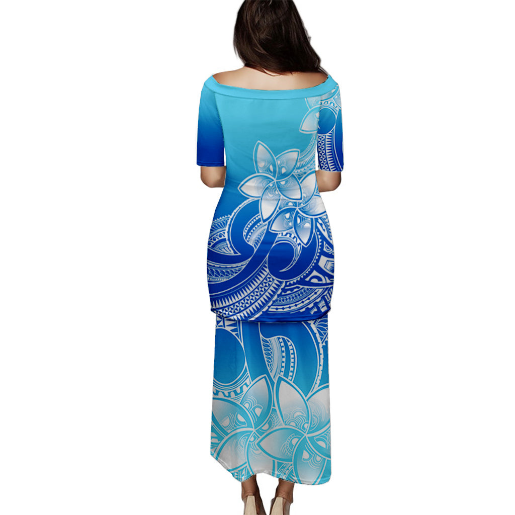 Polynesian Couple Outfits Plumeria Flowers Puletasi Dress and Hawaiian Shirt Polynesian Tribal Gradient Blue LT9 - Polynesian Pride