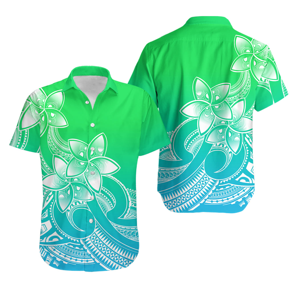 Polynesian Couple Outfits Plumeria Flowers Couples Bodycon Dress Hawaiian Shirt Polynesian Tribal Gradient Green LT9 - Polynesian Pride