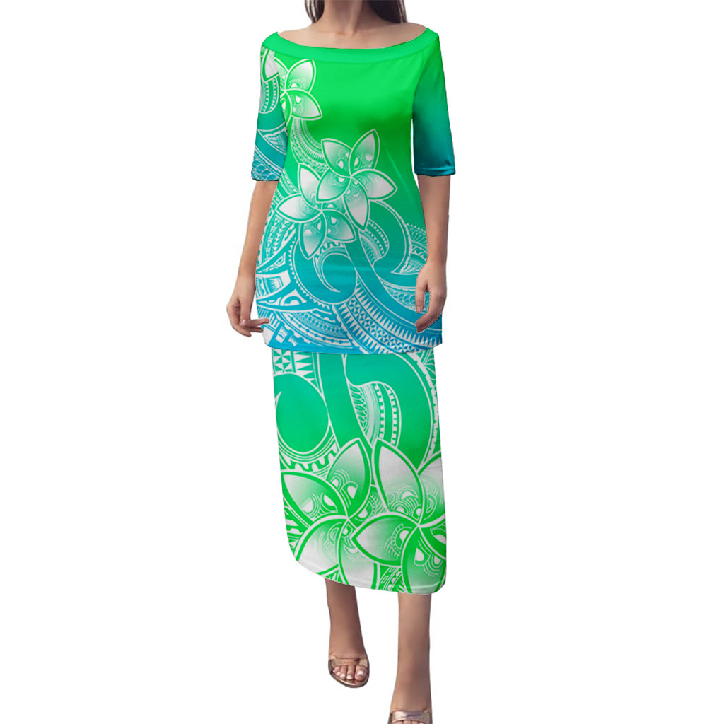 Polynesian Couple Outfits Plumeria Flowers Puletasi Dress and Hawaiian Shirt Polynesian Tribal Gradient Green LT9 - Polynesian Pride