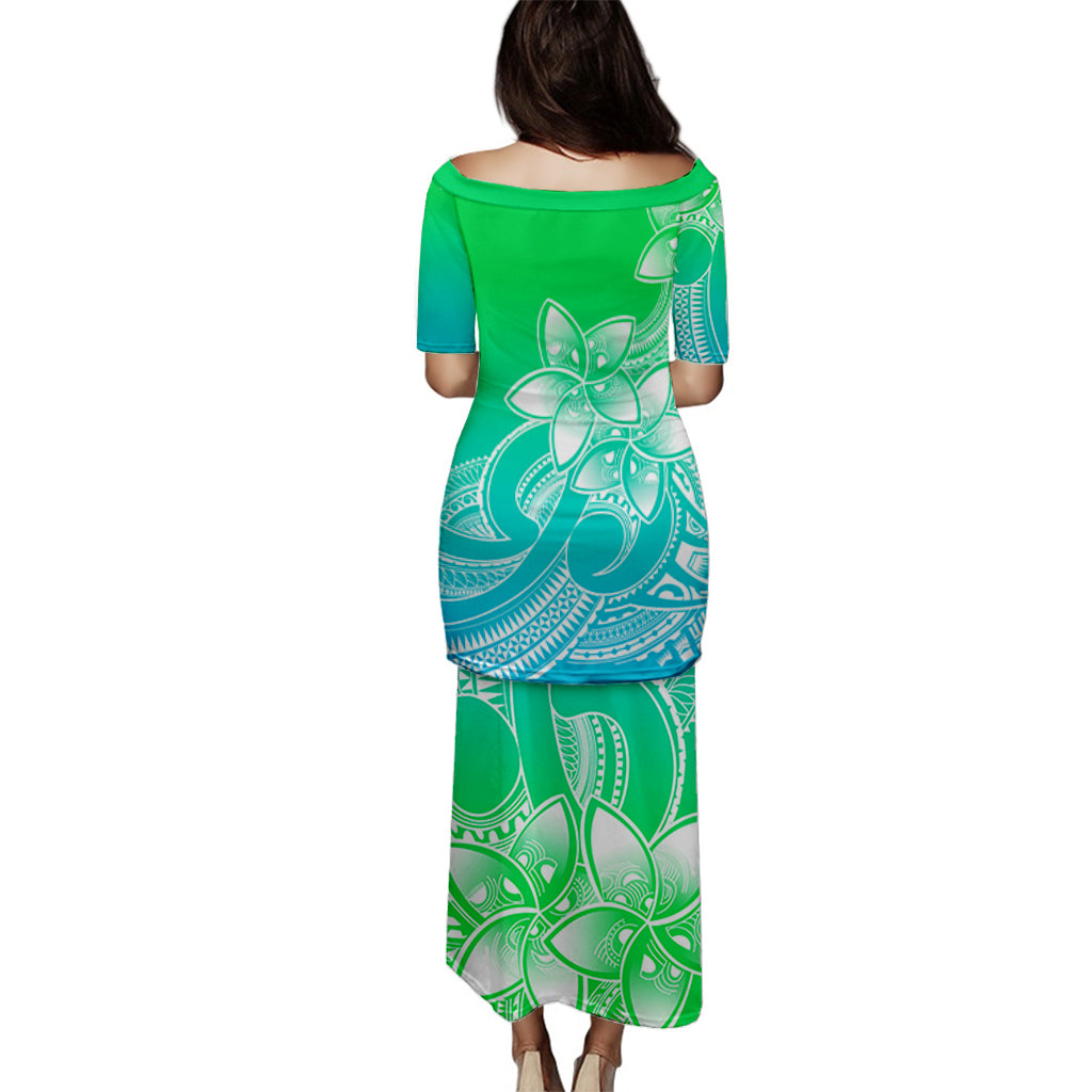 Polynesian Pride Plumeria Flowers Puletasi Dress Polynesian Tribal Gradient Green LT9 - Polynesian Pride