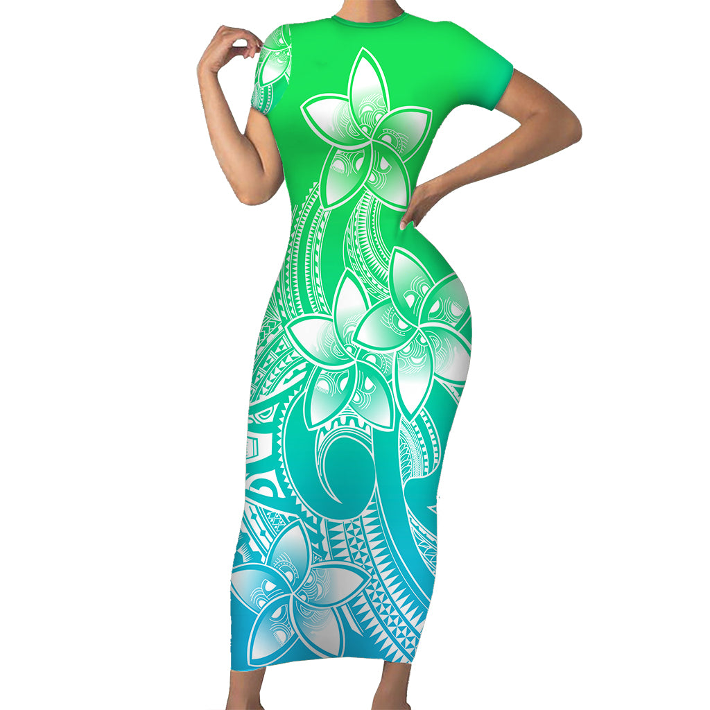Polynesian Pride Plumeria Flowers Short Sleeve Body Long Dress Polynesian Tribal Gradient Green LT9 Long Dress Gradient Green - Polynesian Pride
