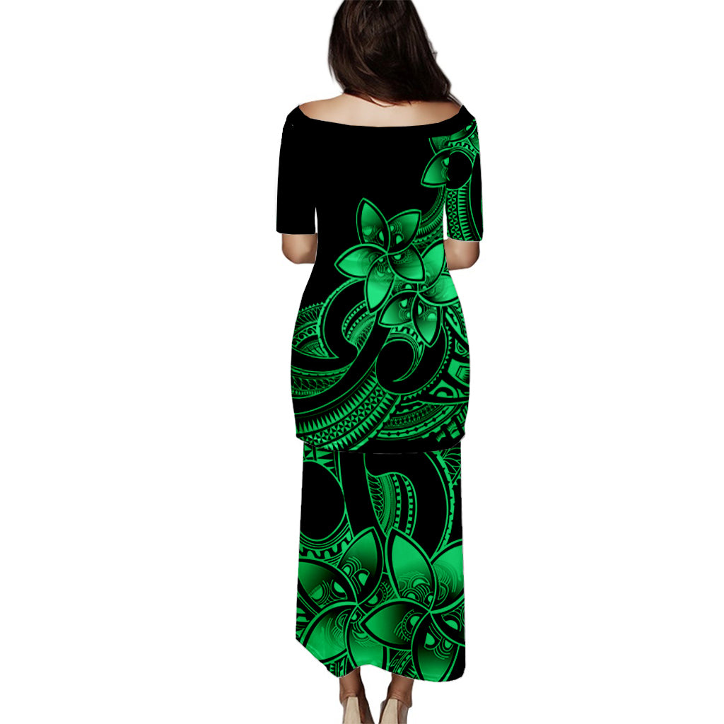 Polynesian Couple Outfits Plumeria Flowers Puletasi Dress and Hawaiian Shirt Polynesian Tribal Green Vibe LT9 - Polynesian Pride