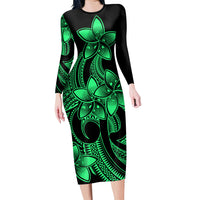 Polynesian Pride Plumeria Flowers Long Sleeve Dress Polynesian Tribal Green Vibe LT9 Polyester/spandex Green - Polynesian Pride