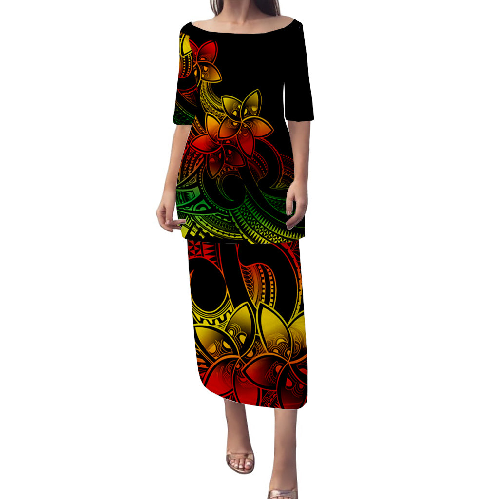 Polynesian Couple Outfits Plumeria Flowers Puletasi Dress and Hawaiian Shirt Polynesian Tribal Reggae Vibe LT9 - Polynesian Pride
