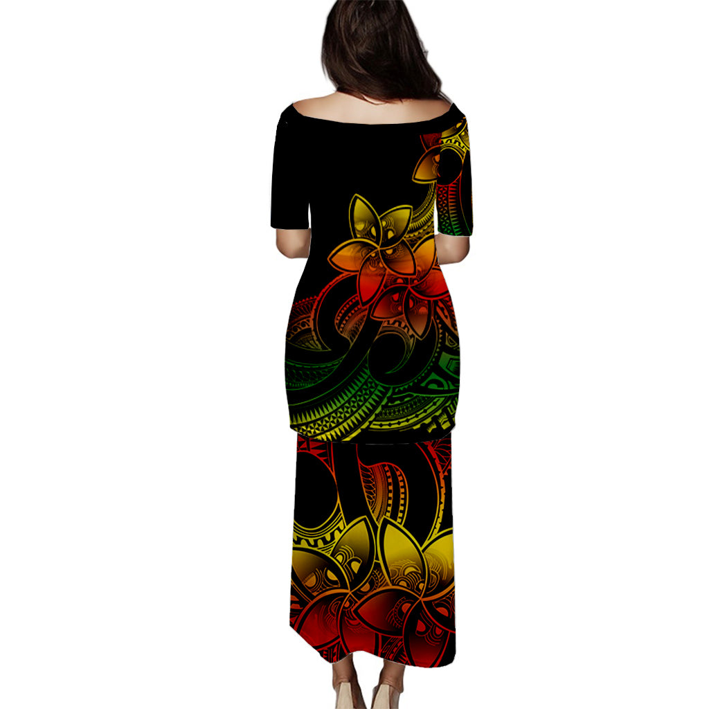 Polynesian Couple Outfits Plumeria Flowers Puletasi Dress and Hawaiian Shirt Polynesian Tribal Reggae Vibe LT9 - Polynesian Pride