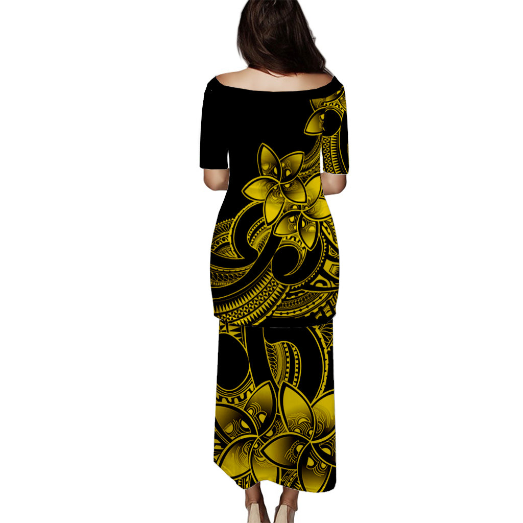 Polynesian Couple Outfits Plumeria Flowers Puletasi Dress and Hawaiian Shirt Polynesian Tribal Yellow Vibe LT9 - Polynesian Pride
