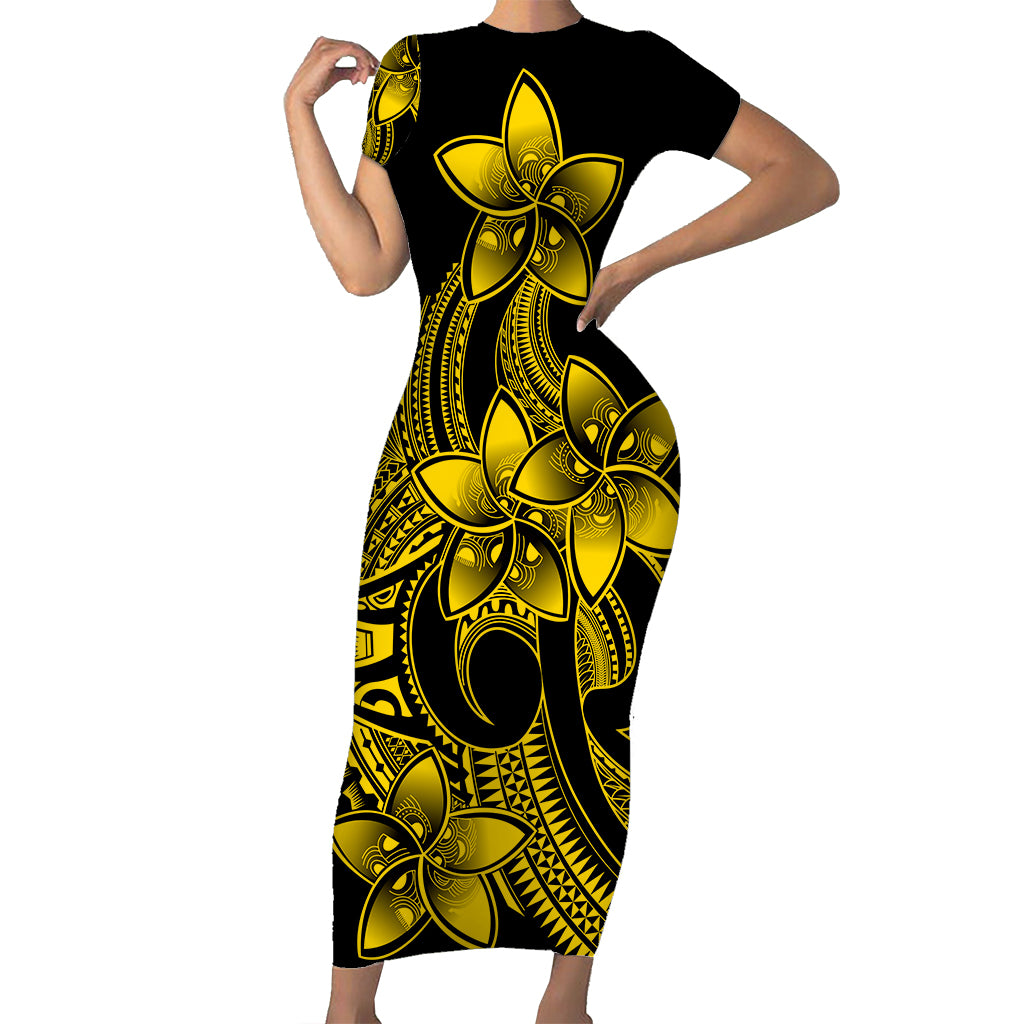 Polynesian Pride Plumeria Flowers Short Sleeve Body Long Dress Polynesian Tribal Yellow Vibe LT9 Long Dress Yellow - Polynesian Pride