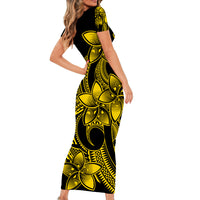 Polynesian Pride Plumeria Flowers Short Sleeve Body Long Dress Polynesian Tribal Yellow Vibe LT9 - Polynesian Pride