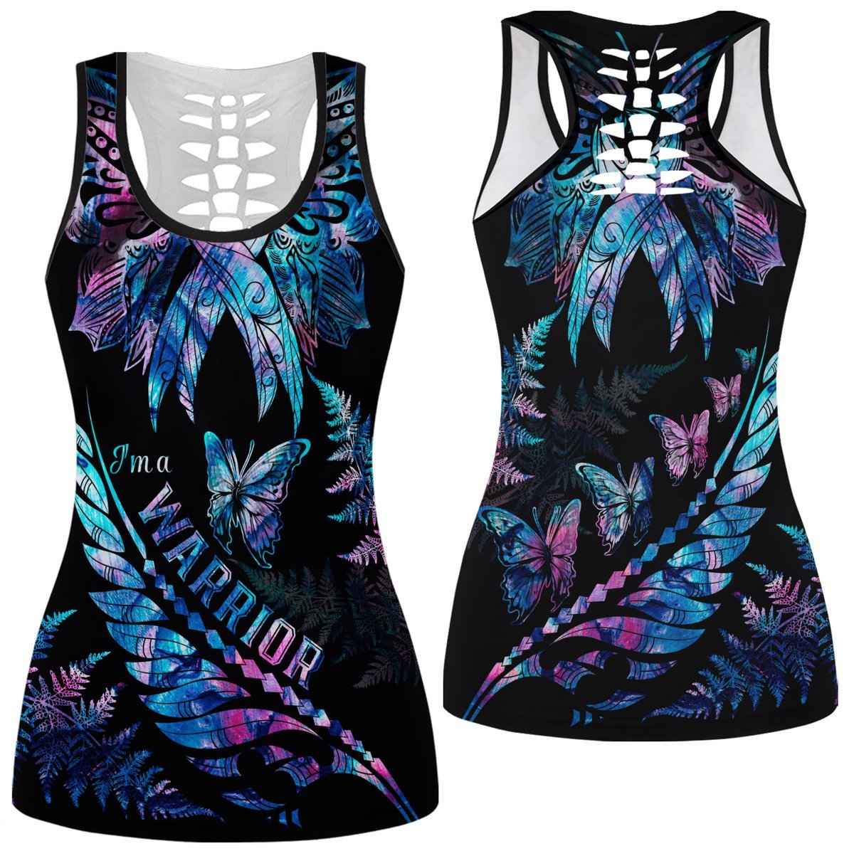 Polynesia Ribbon Butterflies Hollow Tank Top Silver Fern Breast Cancer With Papua Shell Pattern LT9 - Polynesian Pride