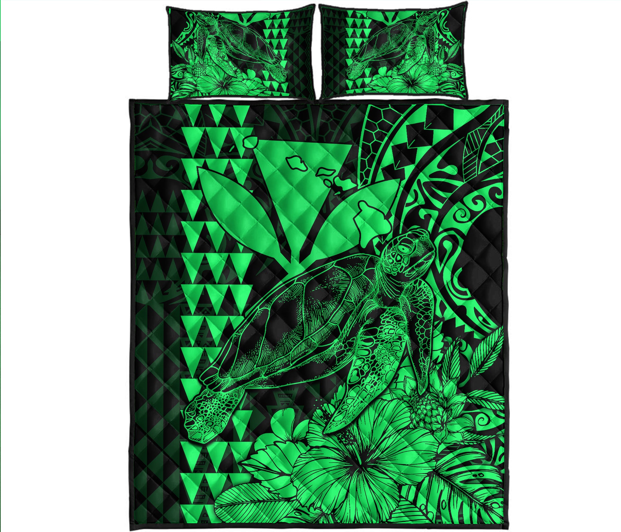 Hawaii Sea Turtle Quilt Bed Set Polynesia Kakau with Kanaka Maoli Green LT9 Green - Polynesian Pride