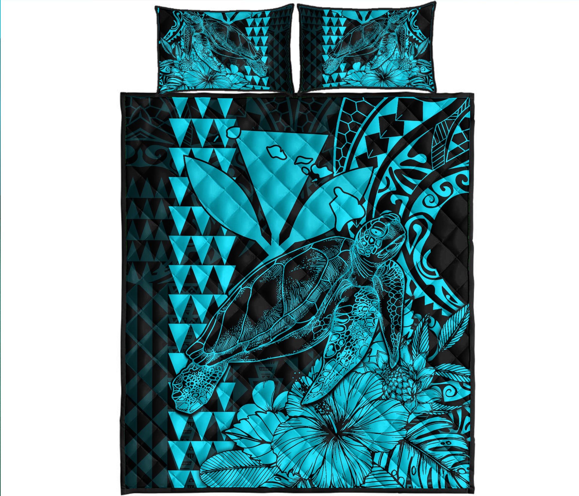 Hawaii Sea Turtle Quilt Bed Set Polynesia Kakau with Kanaka Maoli Teal LT9 Teal - Polynesian Pride
