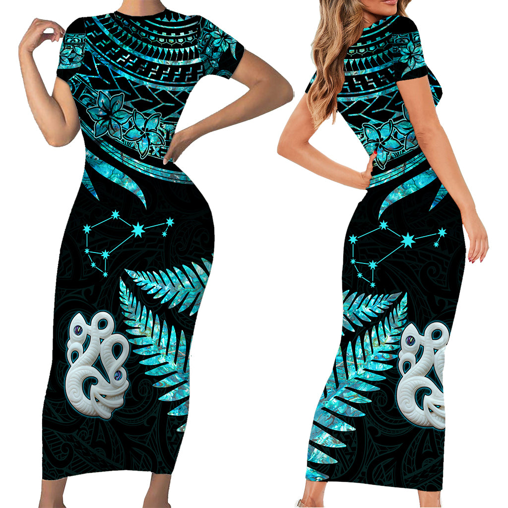 Matching Outfits For Couples Maori Short Sleeve Body Long Dress and Hawaiian Shirt Matariki Stars Manaia with Paua Shell - Aqua LT9 - Polynesian Pride