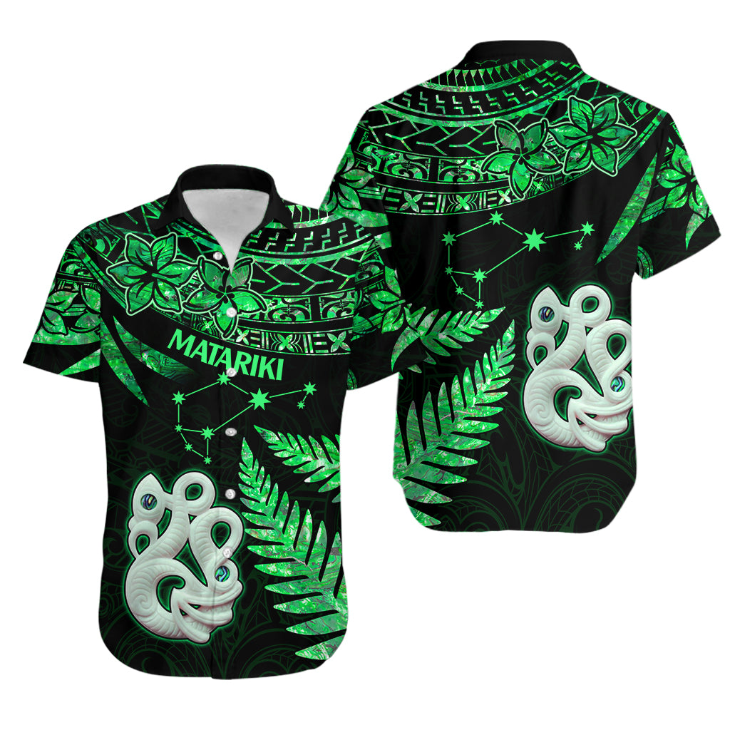 Couples Matching Hawaiian Outfits Matariki New Zealand Puletasi Dress and Hawaiian Shirt Manaia with Paua Shell - Green LT9 - Polynesian Pride