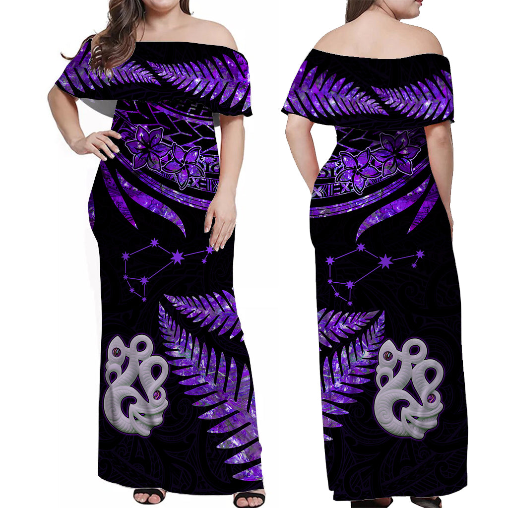 Matching Outfits For Couples Maori Couples Long Dress and Hawaiian Shirt Matariki Stars Manaia with Paua Shell - Purple LT9 - Polynesian Pride