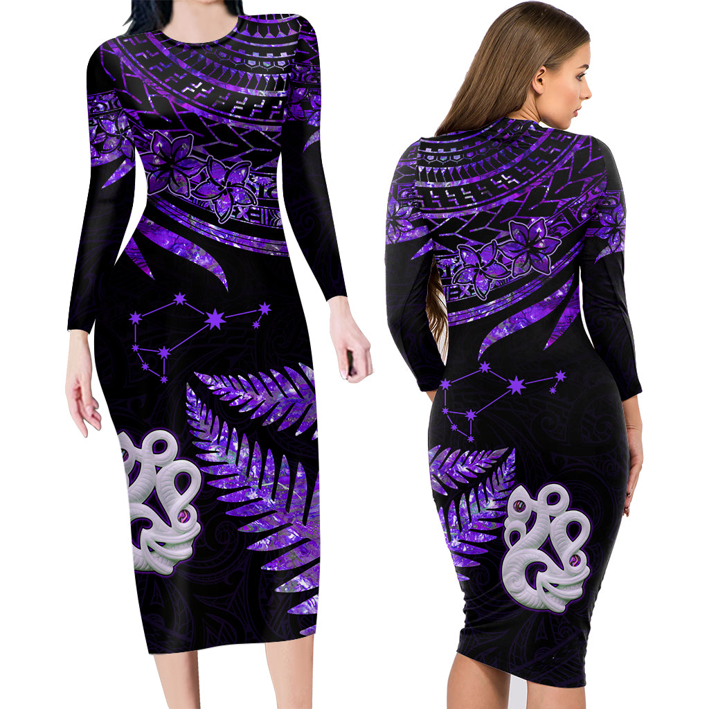 Couples Matching Hawaiian Outfits Matariki New Zealand Couples Bodycon Dress Hawaiian Shirt Manaia with Paua Shell - Purple LT9 - Polynesian Pride