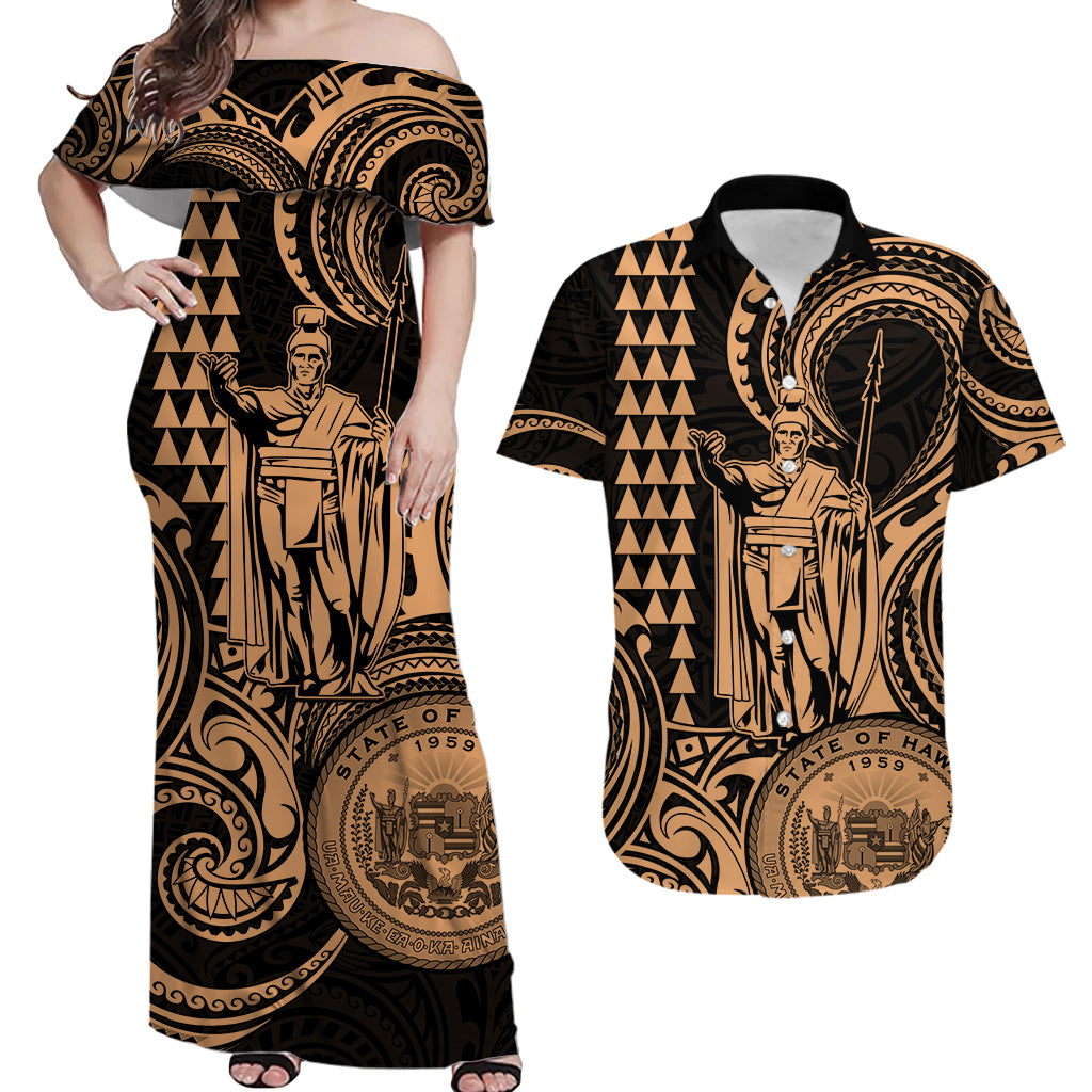 Hawaii Couple Outfit Ideas King Kamehameha Day Matching Dress and Hawaiian Shirt Paradise of the Pacific Tribal Kakau with Kanaka Maoli Nude LT9 Nude - Polynesian Pride