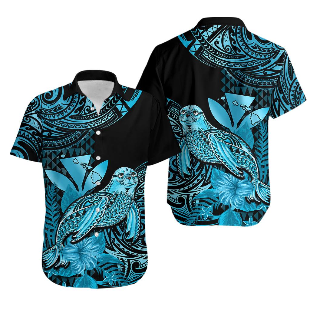 Matching Outfit For Couples Hawaii Monk Seal Puletasi Dress and Hawaiian Shirt Polynesian Kakau With Kanaka Turquoise LT14 - Polynesian Pride
