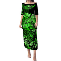 Matching Outfit For Couples Hawaii Monk Seal Puletasi Dress and Hawaiian Shirt Polynesian Kakau With Kanaka Green LT14 - Polynesian Pride