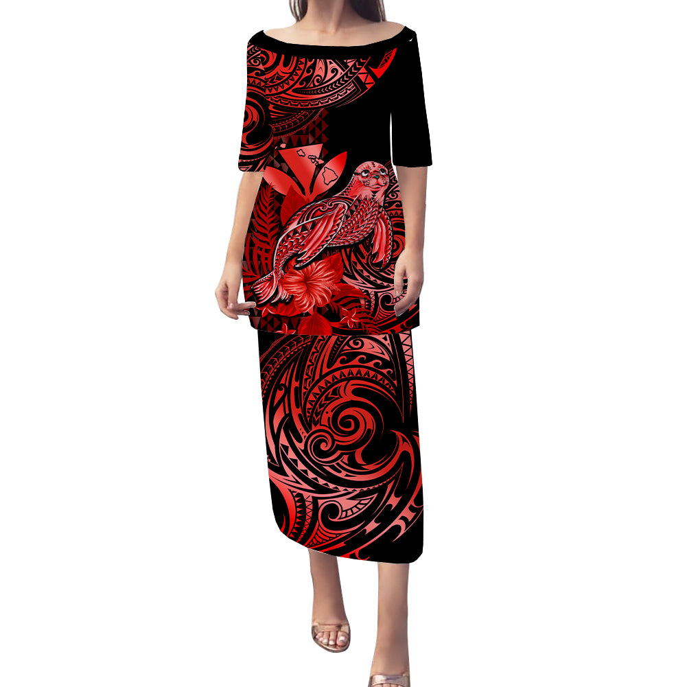 Matching Outfit For Couples Hawaii Monk Seal Puletasi Dress and Hawaiian Shirt Polynesian Kakau With Kanaka Red LT14 - Polynesian Pride