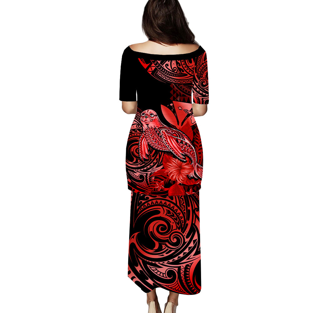Matching Outfit For Couples Hawaii Monk Seal Puletasi Dress and Hawaiian Shirt Polynesian Kakau With Kanaka Red LT14 - Polynesian Pride