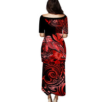 Matching Outfit For Couples Hawaii Monk Seal Puletasi Dress and Hawaiian Shirt Polynesian Kakau With Kanaka Red LT14 - Polynesian Pride