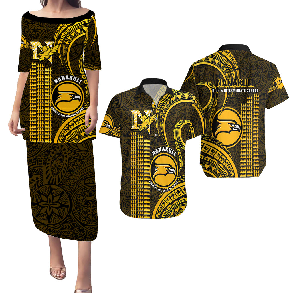 Matching Outfit For Couples Hawaii Nanakuli High And Intermediate School Puletasi Dress and Hawaiian Shirt Polynesian Kakau Pattern LT14 Gold - Polynesian Pride