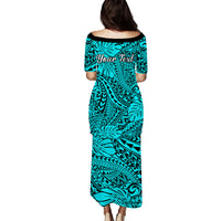 Personalised Hawaii Matching Couple Outfits For Vacation Puletasi Dress and Hawaiian Shirt Turquoise Polynesian Tribal Art LT14 - Polynesian Pride
