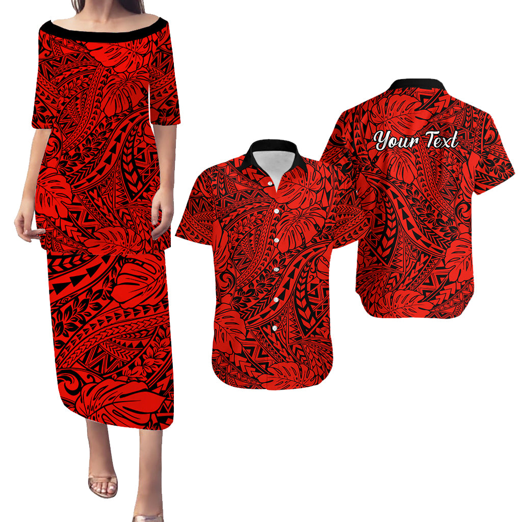Personalised Hawaii Matching Couple Outfits For Vacation Puletasi Dress and Hawaiian Shirt Red Polynesian Tribal Art LT14 Red - Polynesian Pride