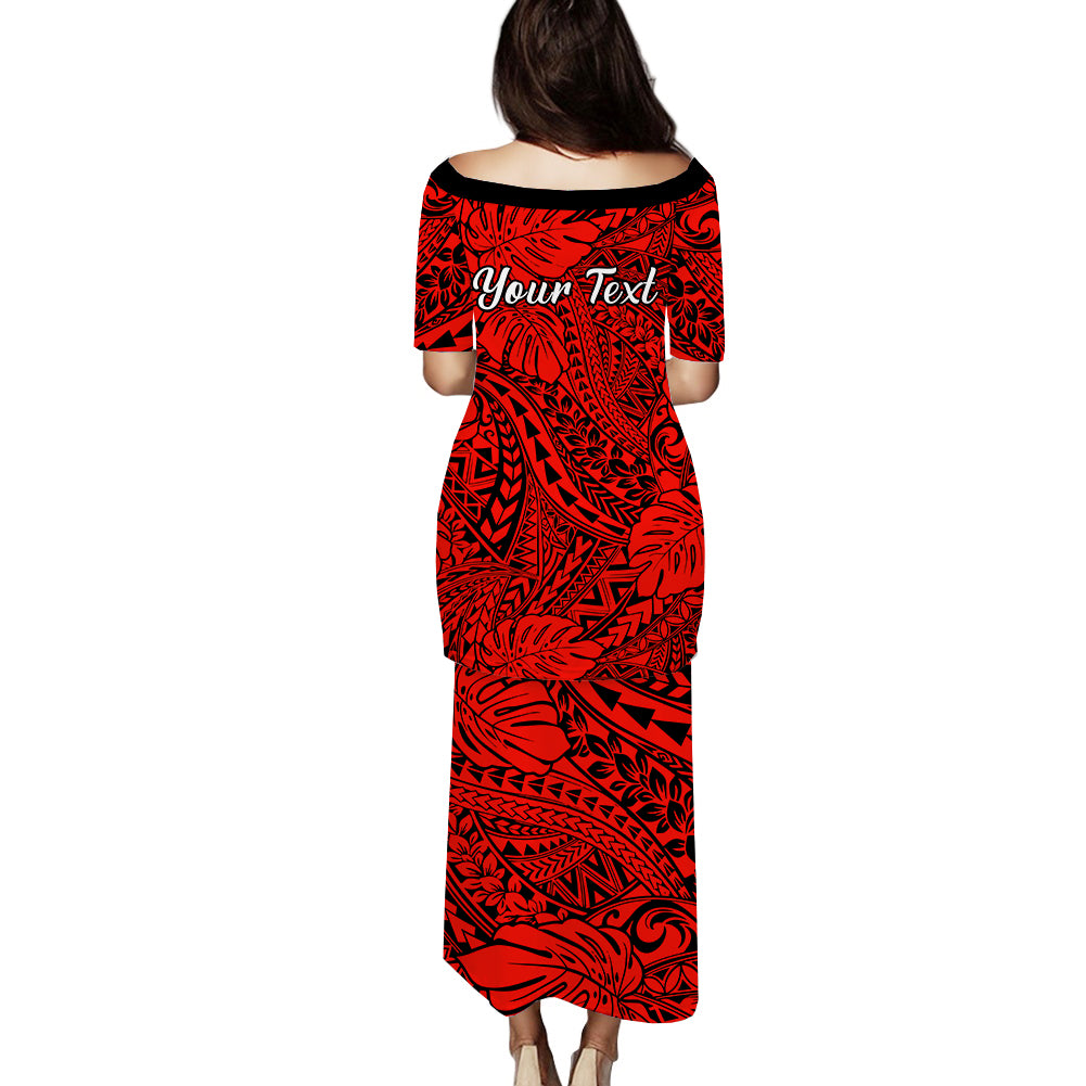 Personalised Hawaii Matching Couple Outfits For Vacation Puletasi Dress and Hawaiian Shirt Red Polynesian Tribal Art LT14 - Polynesian Pride