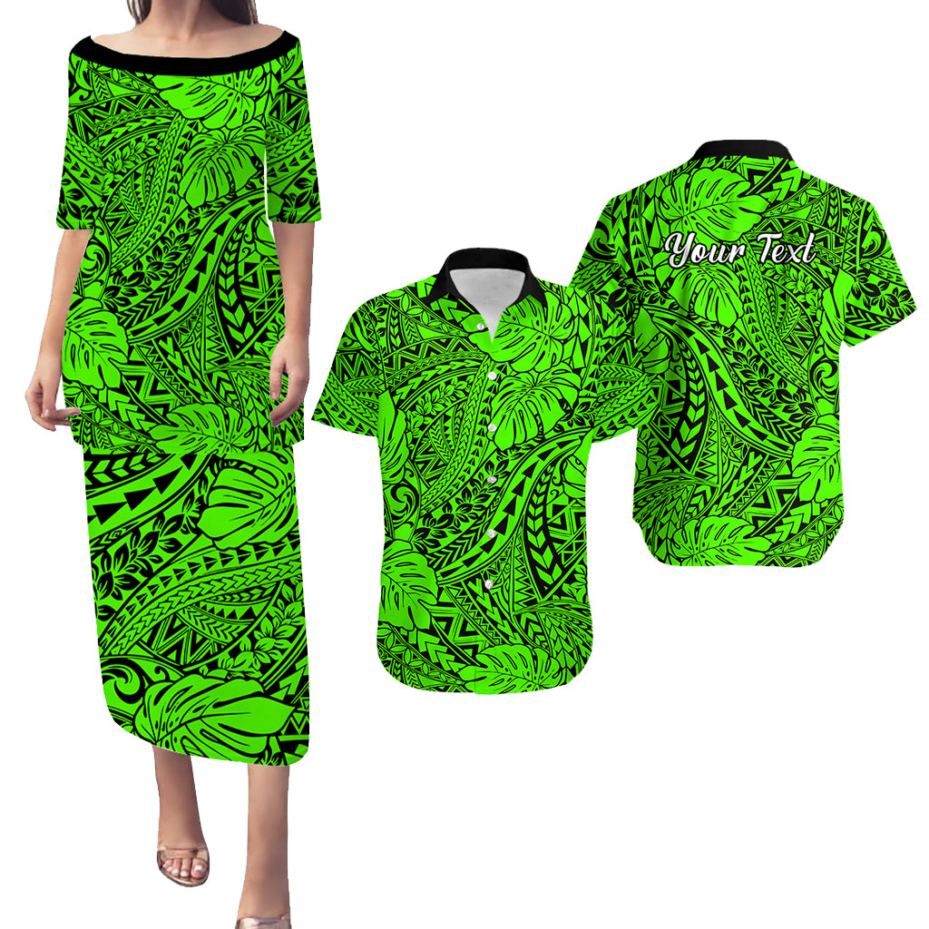 Personalised Hawaii Matching Couple Outfits For Vacation Puletasi Dress and Hawaiian Shirt Green Polynesian Tribal Art LT14 Green - Polynesian Pride