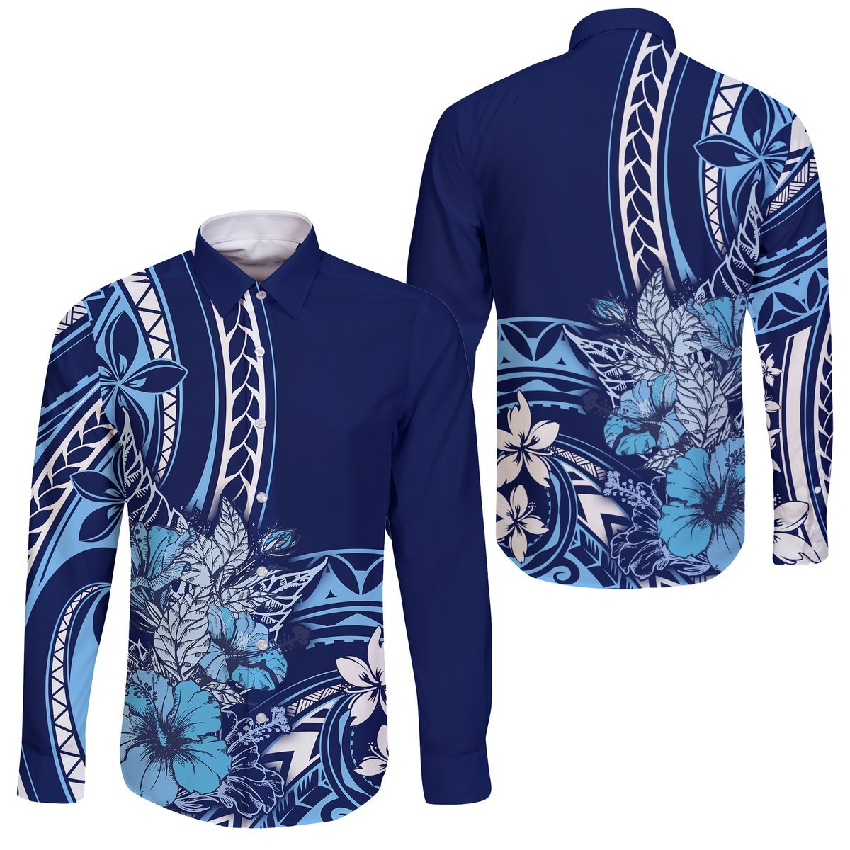 Hawaii Valentine Couples Matching Puletasi and Long Sleeve Button Shirt Plumeria Blue Version LT7 - Polynesian Pride