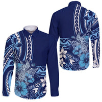 Hawaii Valentine Couples Matching Puletasi and Long Sleeve Button Shirt Plumeria Blue Version LT7 - Polynesian Pride