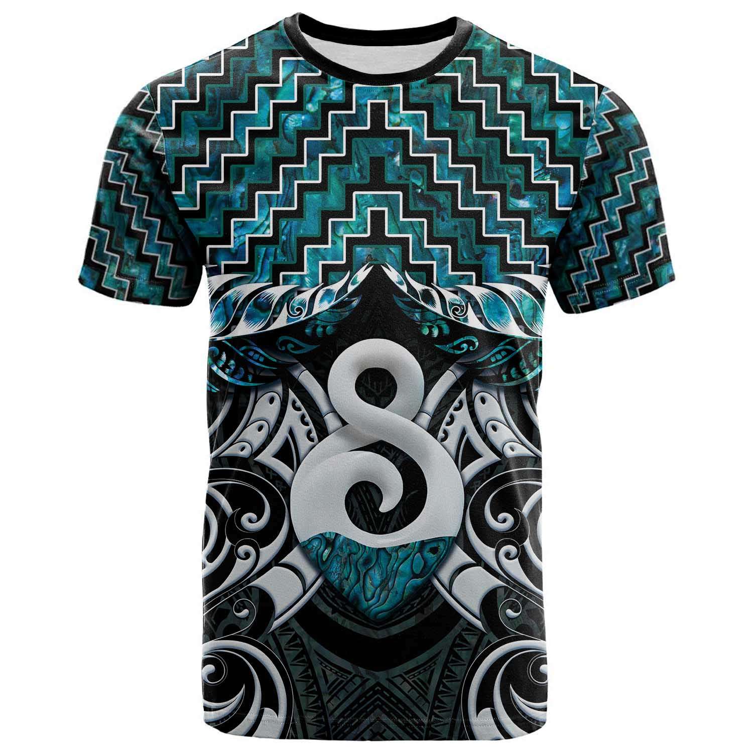New Zealand Maori T Shirt Poutama Pikorua - Single Twist Turquoise Paua Shell LT05