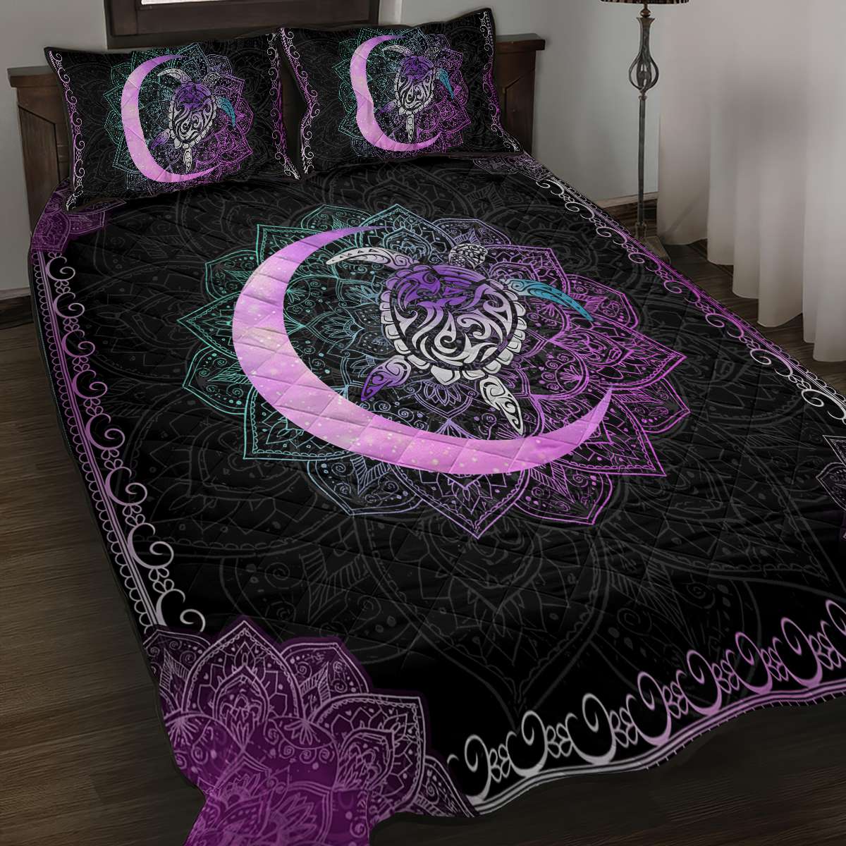 Hawaii Turtle Mandala Quilt Bed Set - Galaxy Purple - AH