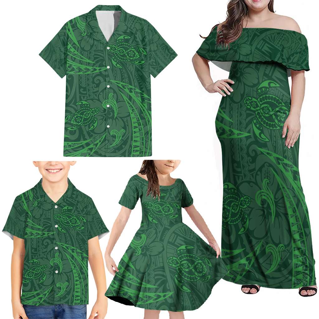 Polynesian Tribal Green Family Matching Off Shoulder Maxi Dress and Hawaiian Shirt Turtle Tattoo LT05