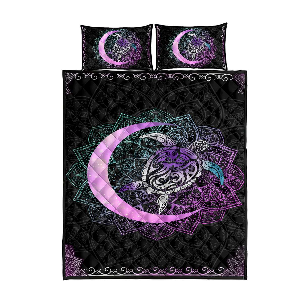 Hawaii Turtle Mandala Quilt Bed Set - Galaxy Purple - AH