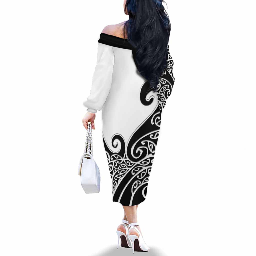 New Zealand Off The Shoulder Long Sleeve Dress Maori Koru Black Version LT05