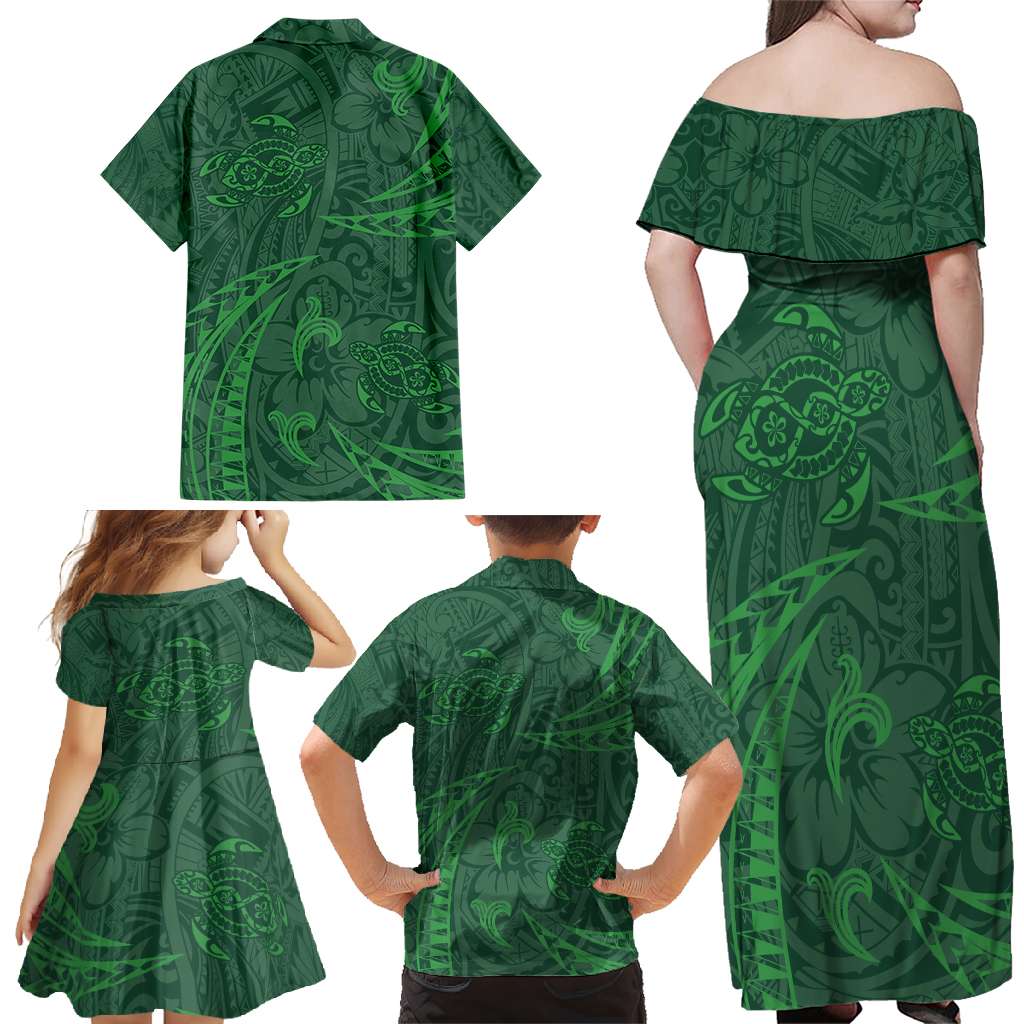 Polynesian Tribal Green Family Matching Off Shoulder Maxi Dress and Hawaiian Shirt Turtle Tattoo LT05