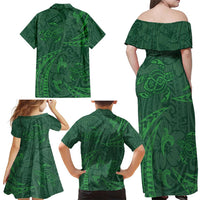 Polynesian Tribal Green Family Matching Off Shoulder Maxi Dress and Hawaiian Shirt Turtle Tattoo LT05