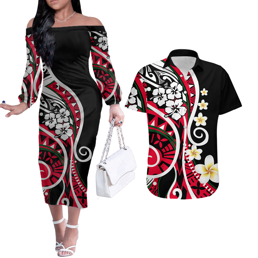 Plumeria Polynesian Couples Matching Outfits Combo Long Sleeve Dress Trending Red LT6 Red - Polynesian Pride