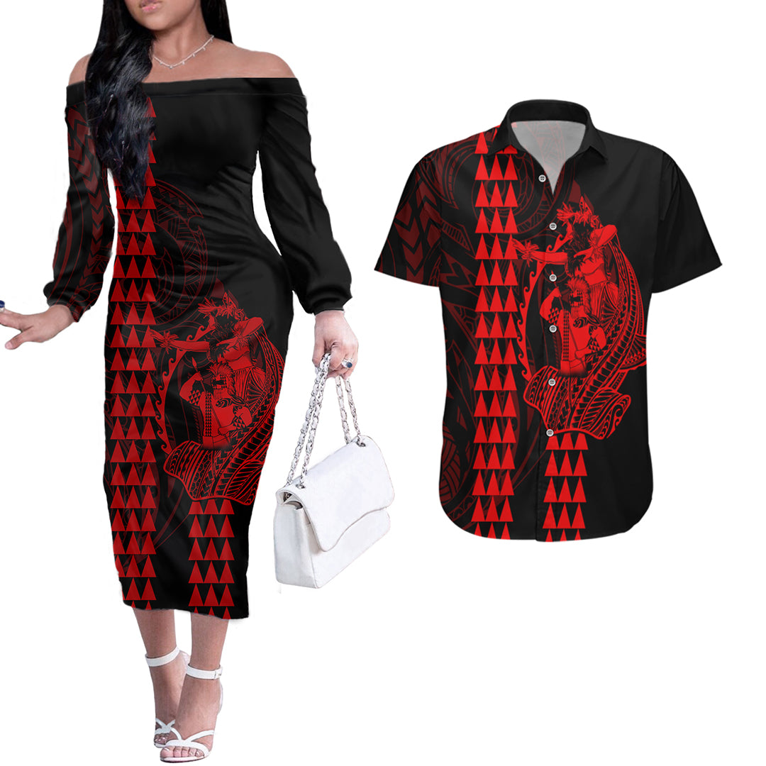 Polynesian Couples Matching Outfits Long Sleeve Dress And Long Sleeve Button Shirt Hawaiian Warrior and Aloha Girl With Hammerhead Shark Tattoos Red LT6 Red - Polynesian Pride