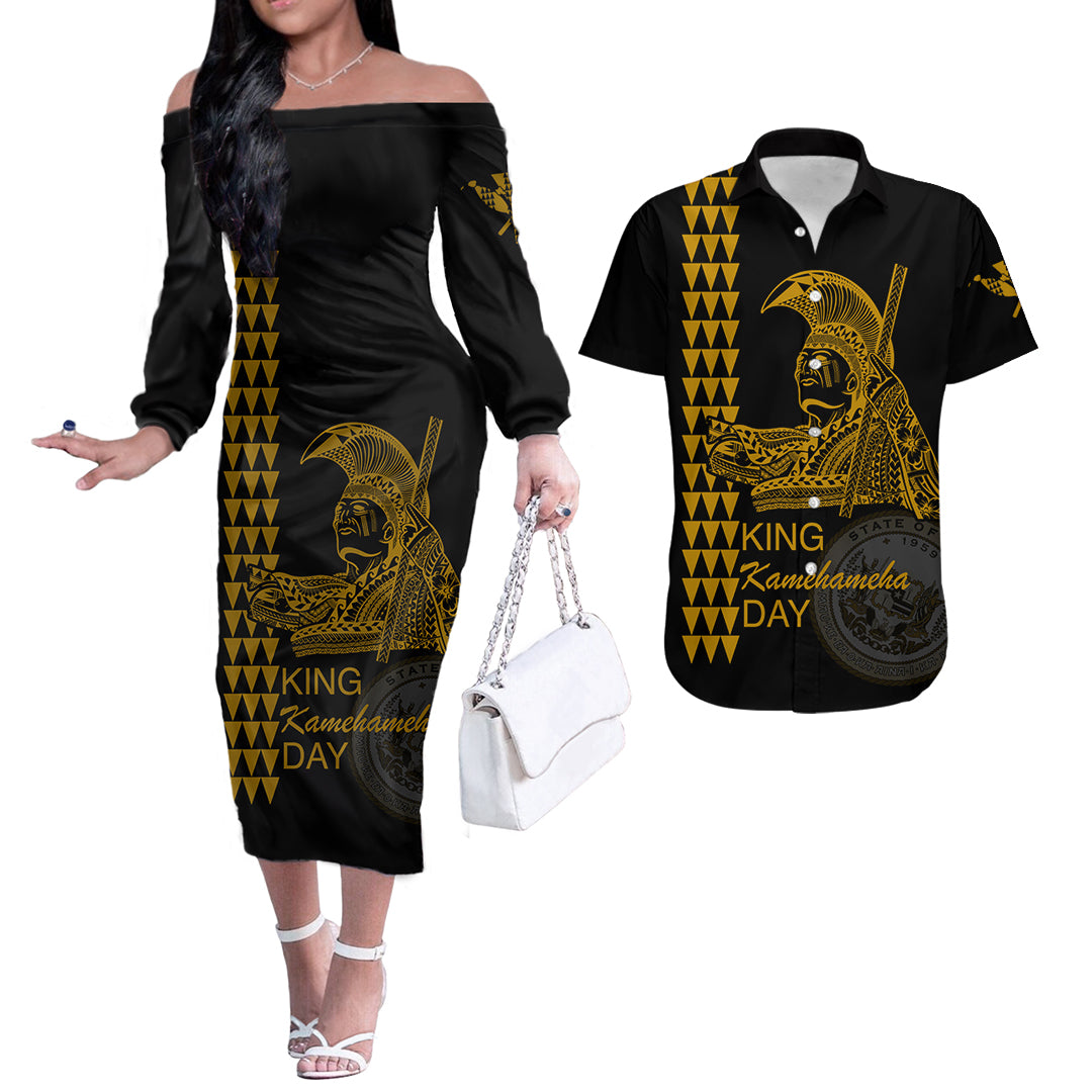 Hawaii Couples Matching Outfits Combo Long Sleeve Dress Kamehameha Day - Gold LT6 Gold - Polynesian Pride