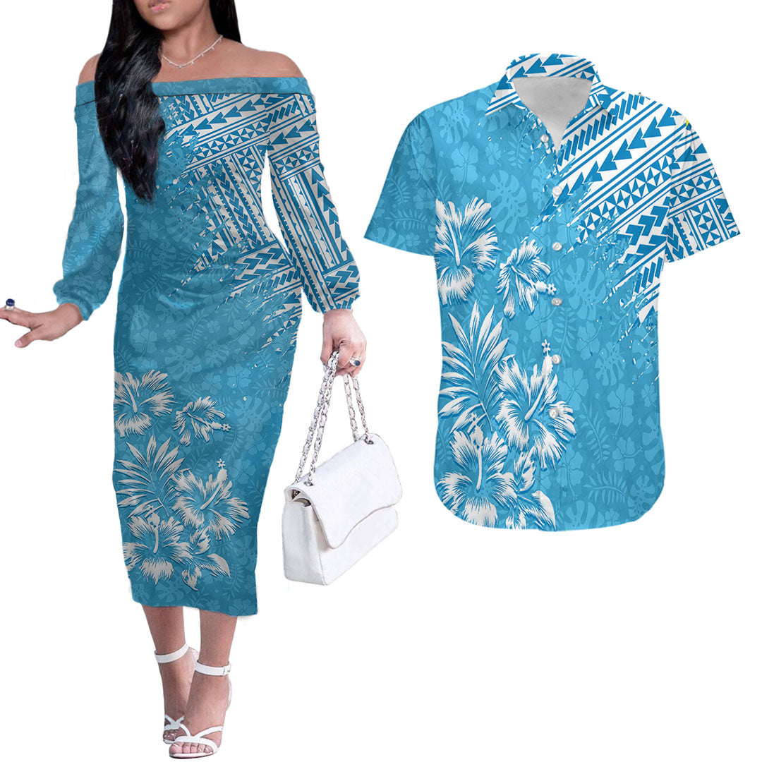 Hawaii Summer Couples Matching Outfits Combo Long Sleeve Dress Mix Polynesian Light Blue LT6 Blue - Polynesian Pride
