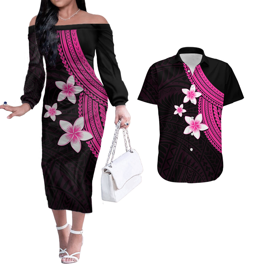 Polynesian Couples Matching Outfits Combo Long Sleeve Dress With Plumeria Flower Pink LT6 Pink - Polynesian Pride